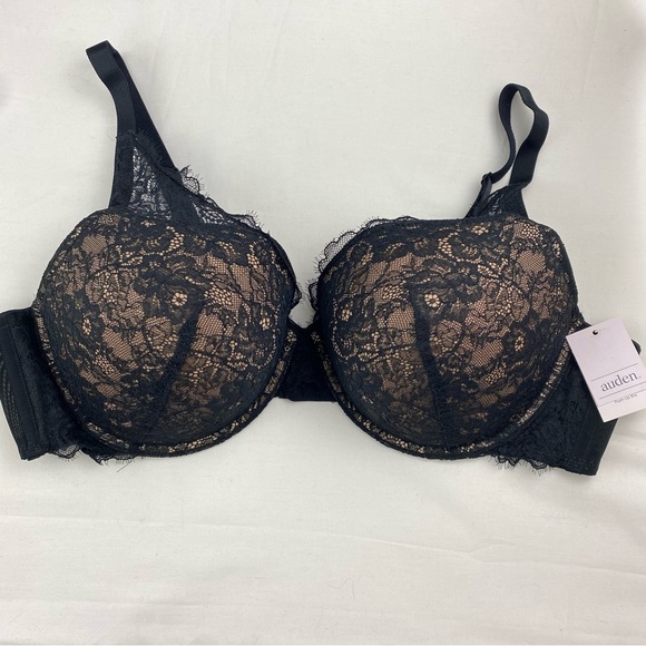 Auden The Sublime Bra 44C Black Lace Plunge Coverage Push Up Underwire NEW - Picture 2 of 11